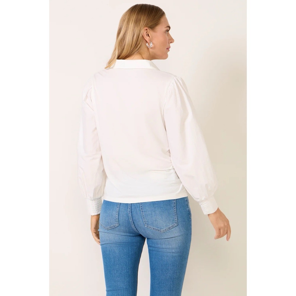 EVEREVE Nelly Mixed Media Top White Long Sleeve Classic half front button Sz M - Picture 2 of 11